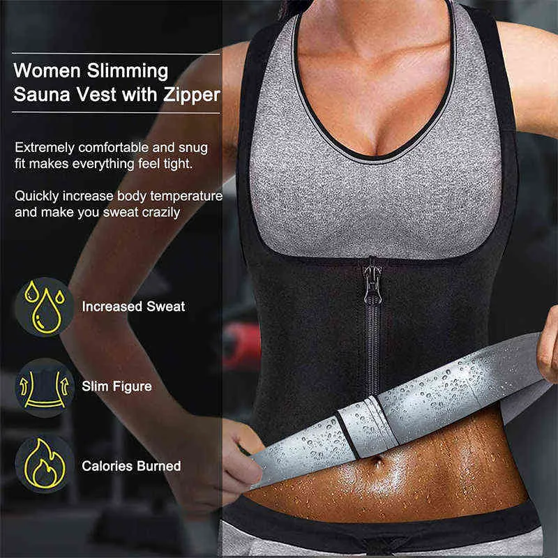 Vrouwen Sauna Shaper Vest Thermo Sweat Shapewear Tank Top Afslanken Taille Trainer Corset Gym Fitness Workout Rits Shirt 211029