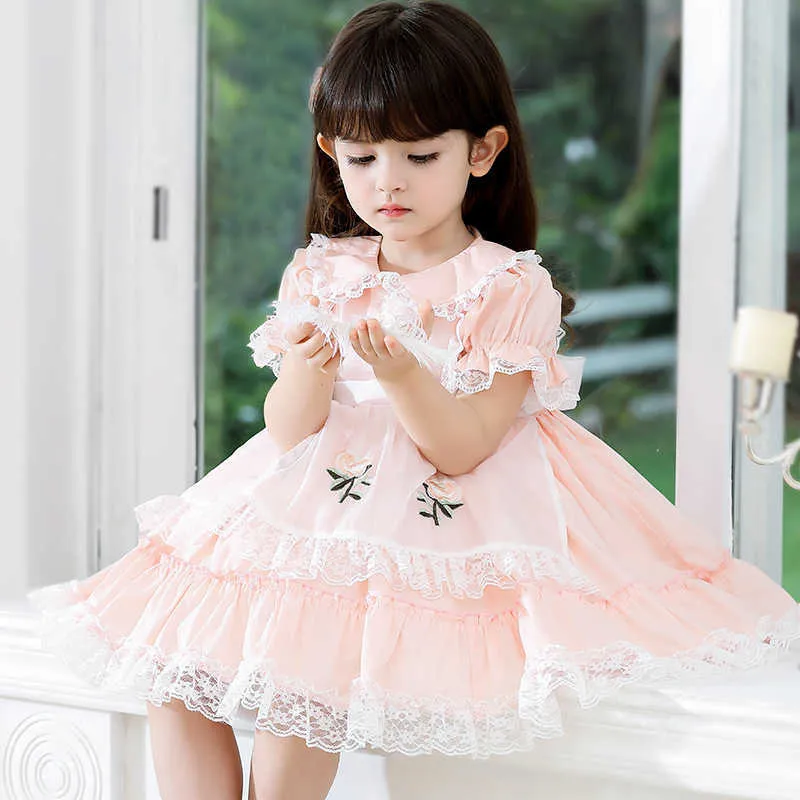 Vestito da boutique bambini spagnolo Ragazze Lolita Princess Vestidos Compleanno bambini Eid Abito da ballo bambini Abiti da ricamo rosa bambini 210615