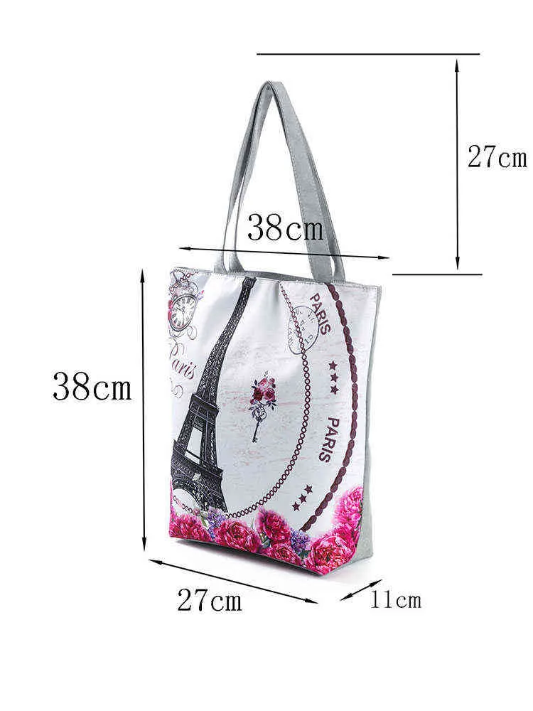 Evening Bags Fashion Art Trend Paris Tower Women's Eco Reusable Linen Building Printed Open Pockets Floral Shopping All Match 0119