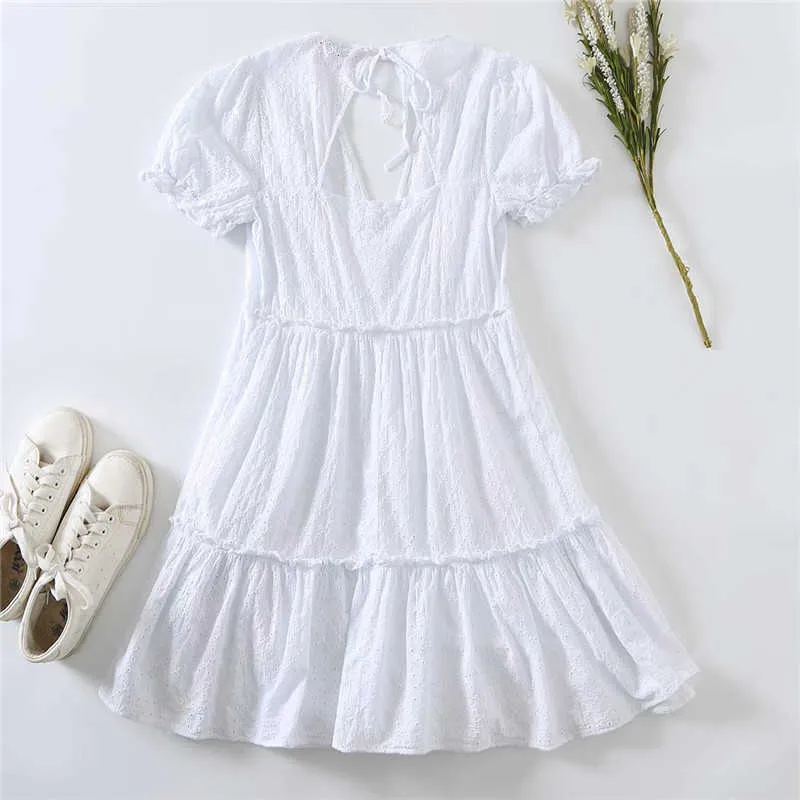 ZA 여성 Openwork 수 놓은 여름 드레스 짧은 퍼프 슬리브 프릴 밑단 흰색 미니 드레스 세련된 emblesserey backless dress 210602