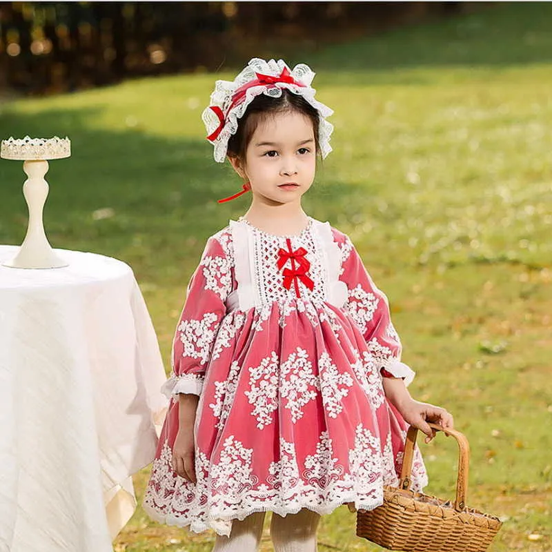 Primavera Bambini Ragazza Vestito da festa Fiocco in pizzo Patchwork rosso Maniche lunghe Abiti da principessa Abiti da sposa E8032 210610