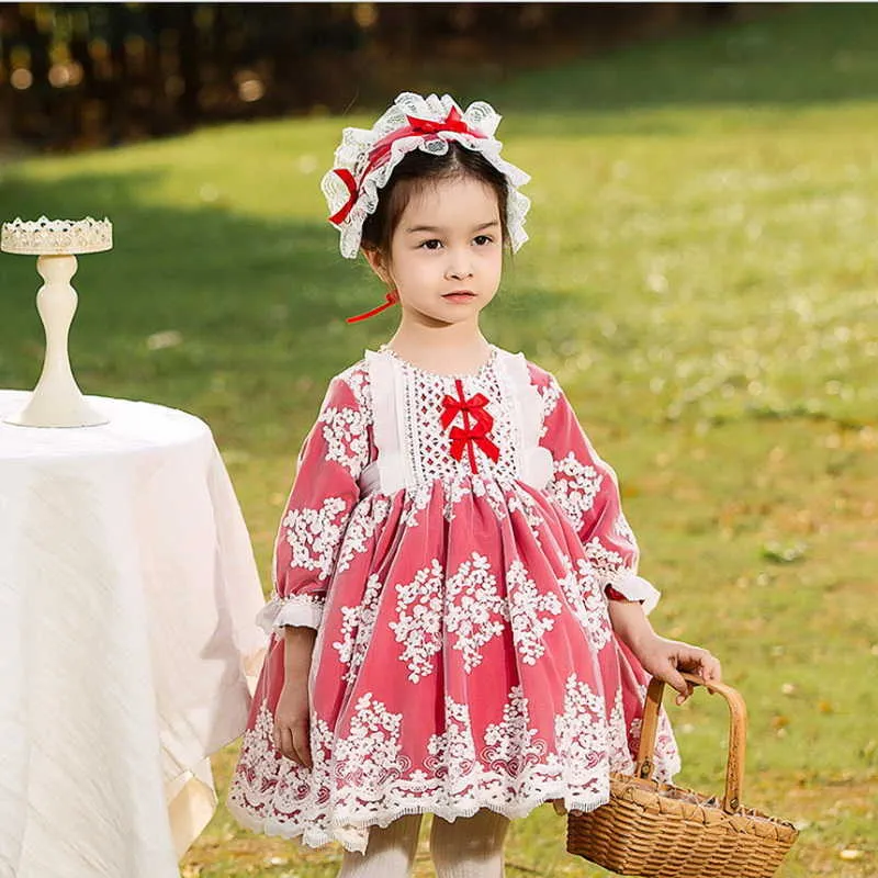 Primavera niños niña vestido de fiesta arco de encaje remiendo rojo mangas largas vestidos de princesa boda realizar ropa E8032 210610