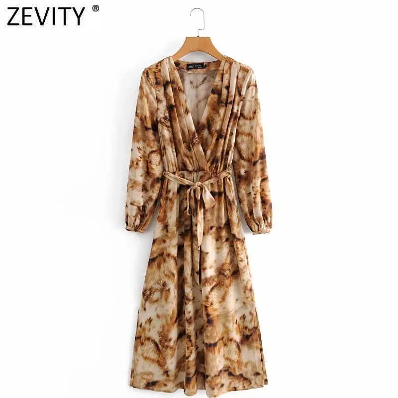 Zevity Femmes Vintage Presse Col En V Animal Tie Dye Impression Casual Mince Midi Robe Femme Chic Arc Ceintures Split Robe DS4754 210603