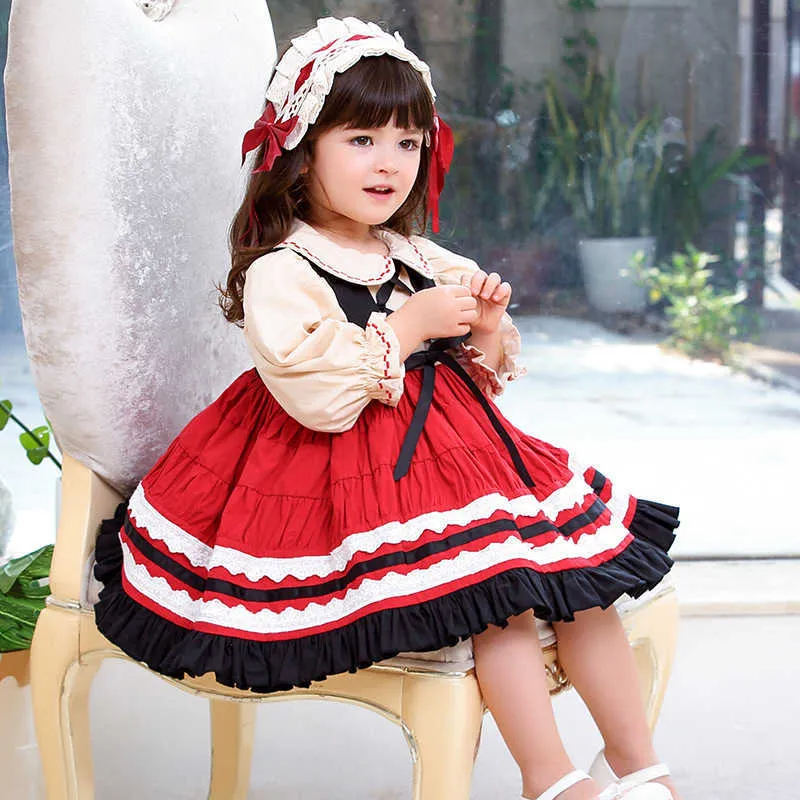Hiszpańskie sukienki dziecięce małe dziewczynki z długim rękawem vintage lolita księżniczka suknia dziewczyna rok urodziny vestidos niemowlę hiszpania ubrania 210615