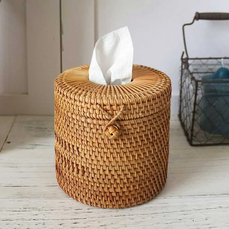 Caixa redonda de tecido de rattan videira suporte de papel higiênico de papel higiênico dispensador para lar