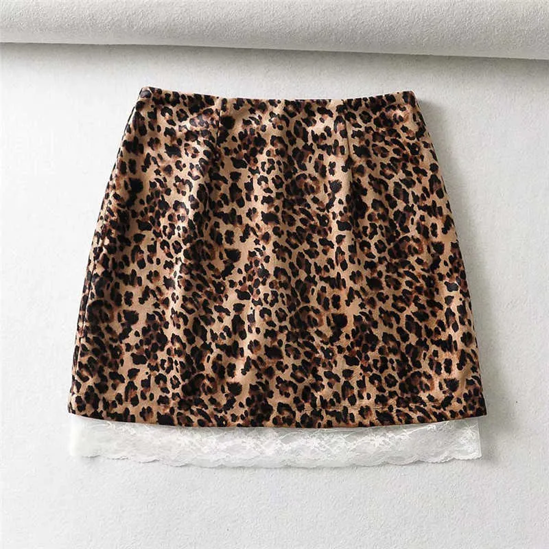 Women Vintage Leopard Print Patchwork Lace Edge Summer Mini Skirts Sweet Lady High Waist Skirt Sexy Girl Short Chic 210629