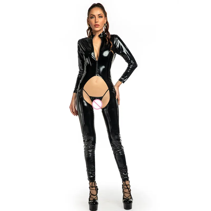 Catsuit kostiumy kobiety seksowna sztuczna skóra kombinezon z otwartym kroczem Bodycon Catsuit Zipper PVC lateksowe rozciągliwe body erotyczna bielizna fetysz Clubw