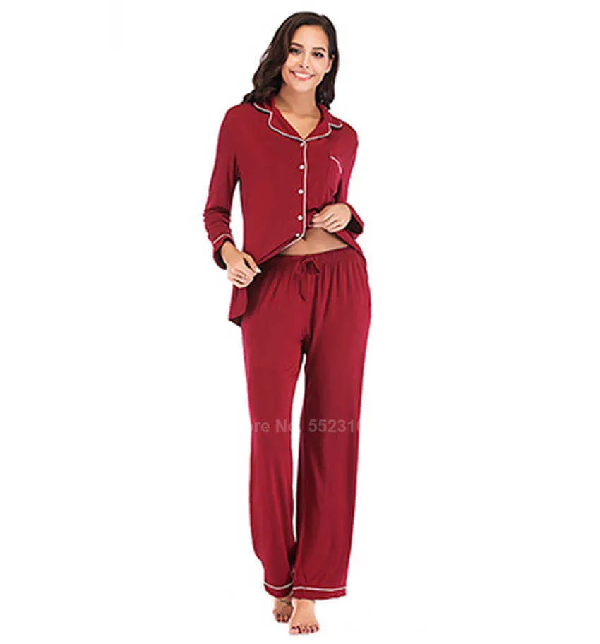 Set di indumenti da notte morbidi in cotone modale donna Colletto con tacca Foglia di palma Colore puro Manica lunga monopetto Pigiama da salotto PJs 210831