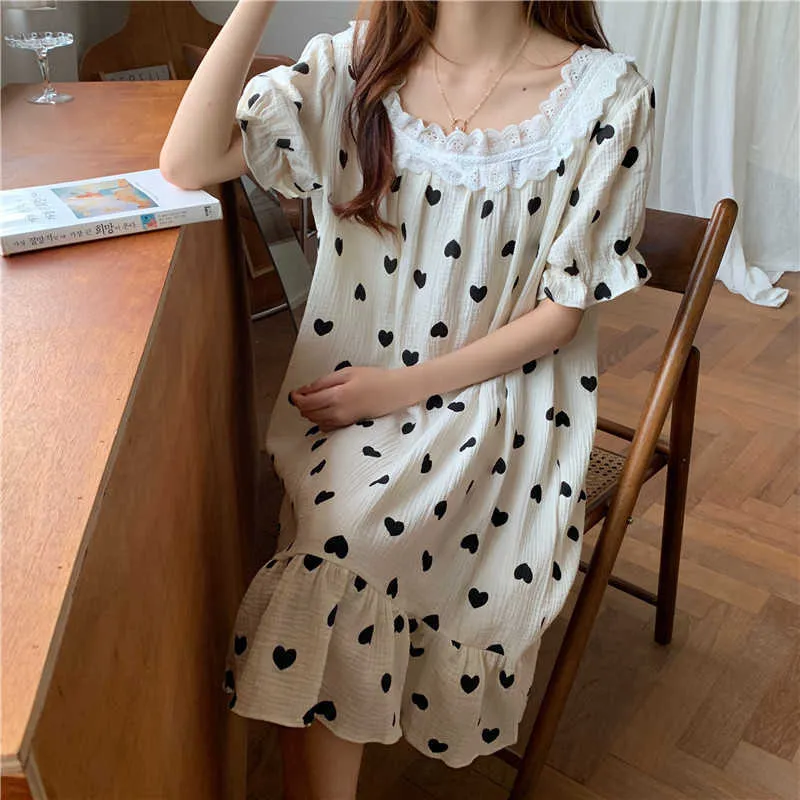 Douce princesse lâche chemise de nuit vente impression doux coton Chic été décontracté Homewear robe pyjamas 210525