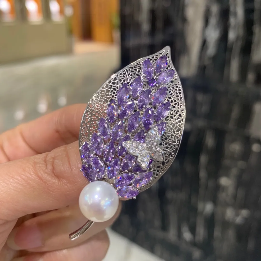 natural fresh water pearl brooch cubic zircon leaf purple multi color butterfly fashion women jewelry