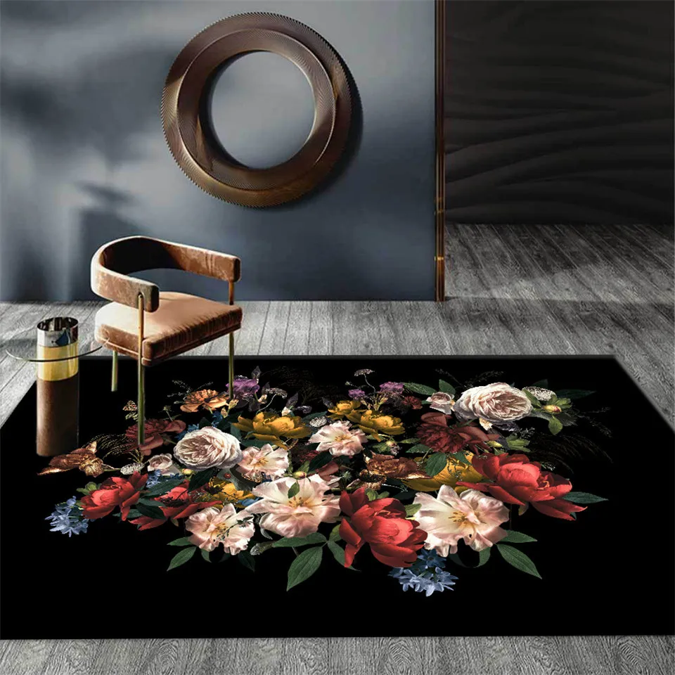Tapis européen noir de luxe avec grande fleur rétro tapis floraux classiques chambre couloir tapis paillasson salon tapis tapis 210301