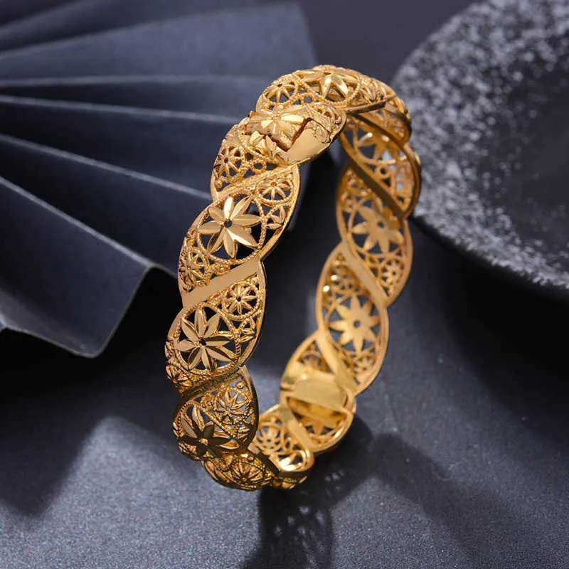 Wando Gold Colour Bangle for Women Round Hollow Pattern Fine Bracelet Ethiopia/dubai Jewelry Gifts Ramadan Newest Q0719