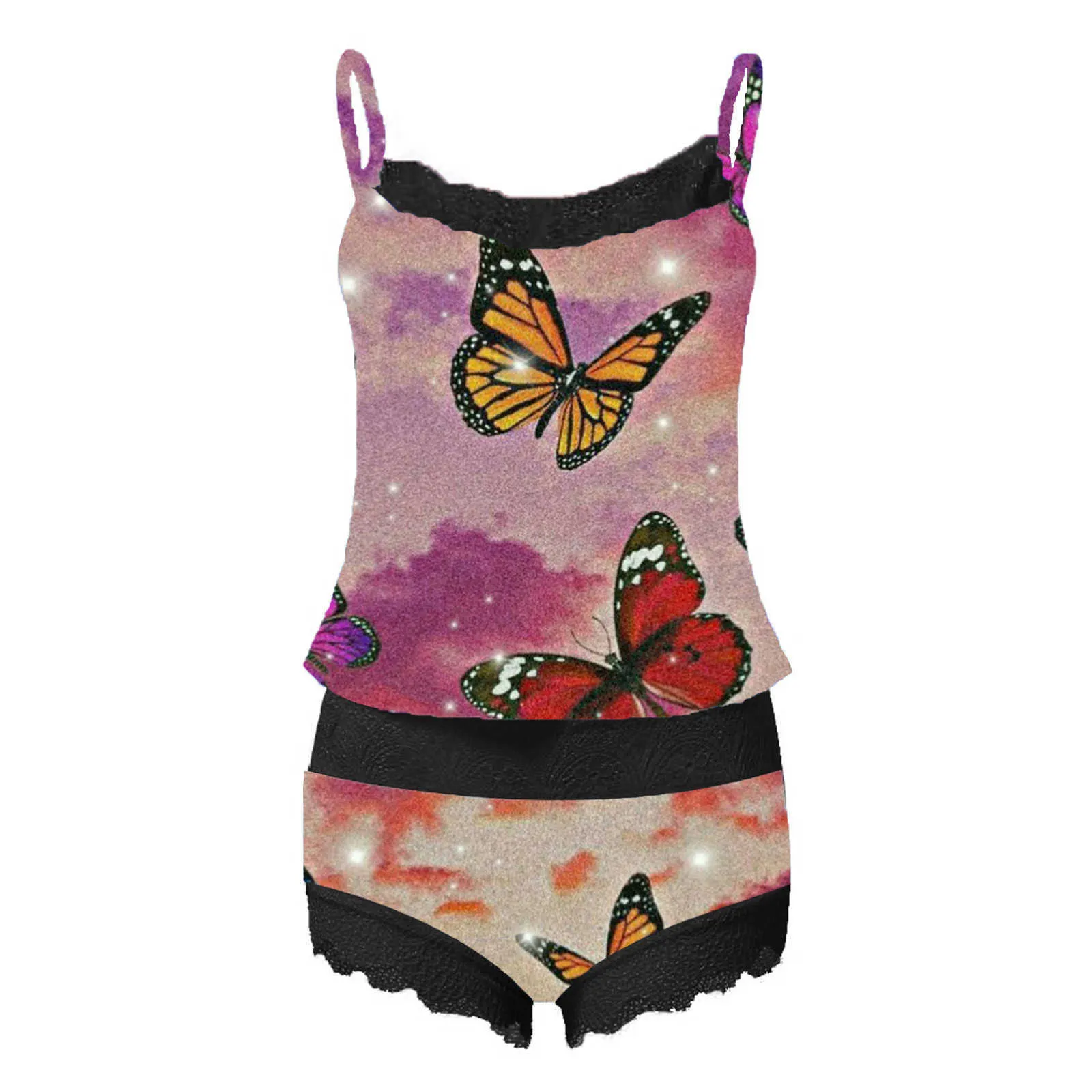 Mulheres Verão Dreamy Dreamy Impressão Pijama Terno Sem Mangas Lace Trim Cami Shorts Sexy Lingerie Sleepwear Set Pizama Dla Kobiet A40 Q0706