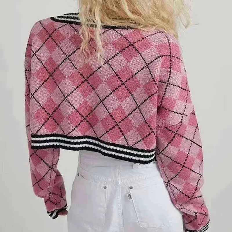 Insgot Y2K Crop Top Argyle Bluza Harajuku Sexy V Neck Sweter Sweter Preppy Style Plaid Dzianiny Pulower Ubrania Jesienne Y1110