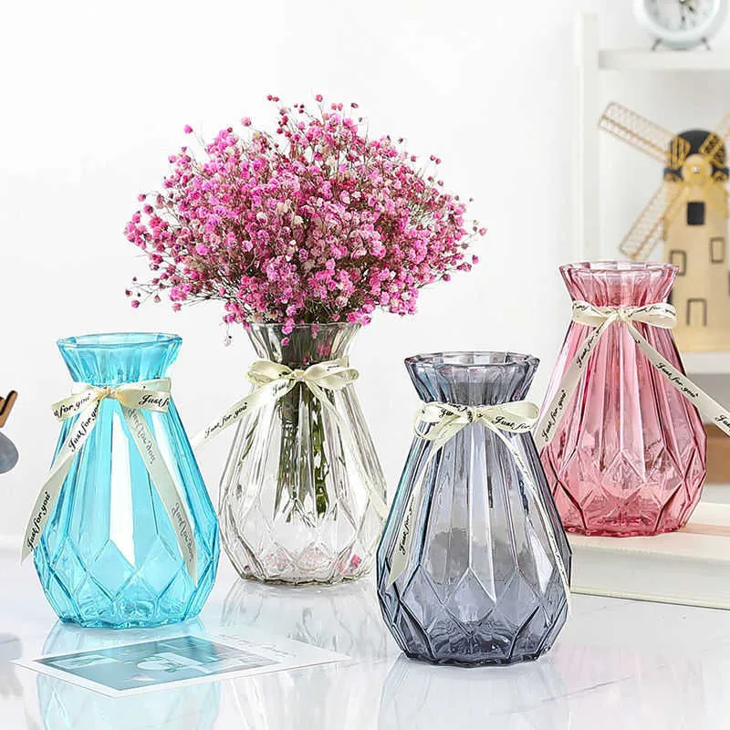 Nordic Home Decoration Glass Vase Room Decoration Flower Pot Color Crystal Hydroponic Plant Flower Arrangement Desktop Crafts 210623