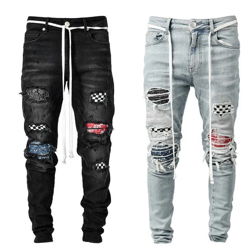 Heren Joggingbroek Sexy Patchwork Jeans Broek Casual Zomer Herfst Mannelijke Ripped Skinny Broek Slanke Moto Biker Potlood Broek X0621