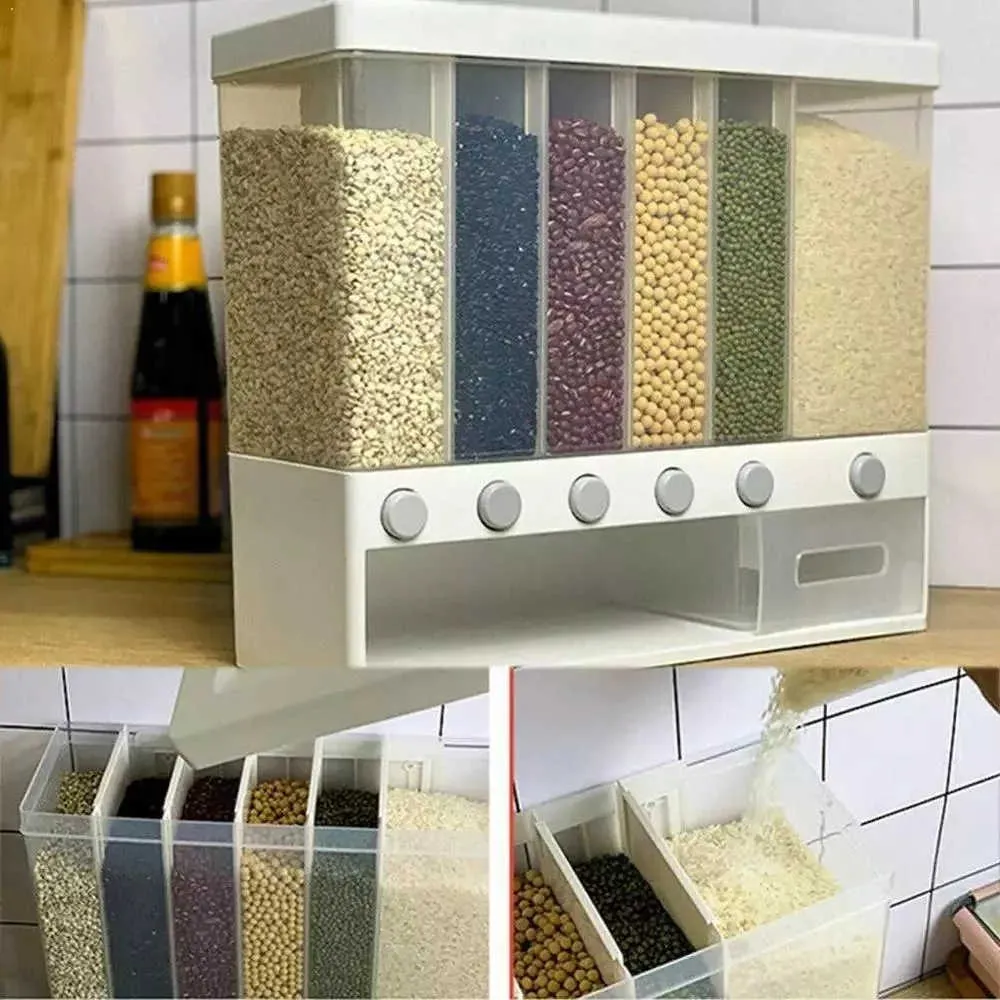 Caja de alimentos montada en la pared, juego de contenedores de plástico transparente con tapas para verter, botellas de almacenamiento de cocina, tarros, tanque de granos secos, 6 rejillas