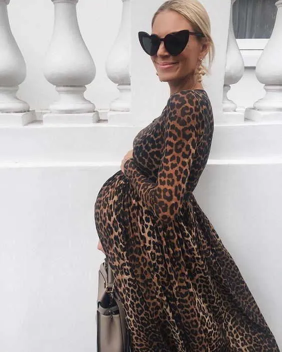 Moda maternidade vestidos fotografia adereços leopard gravidez vestido longo manga maternidade roupas para mulheres grávidas fotos fotografias x0902