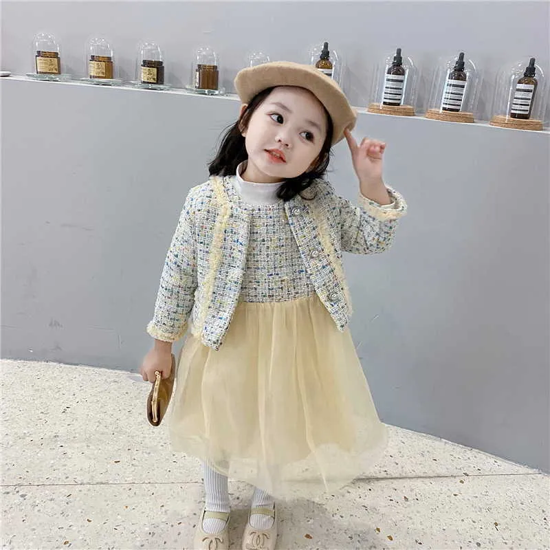 Groothandel lente baby meisje 2-pcs sets mouwloze gele wollen vest garen rok + dame stijl jas kinderen outfits E8058 210610