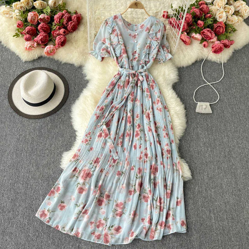 Zomer bohemien vakantie chiffon lange jurk vrouwen zwart / blauw / roze / beige geplooid vestidos vrouwelijke ruche robe 2021 nieuwe mode y0603