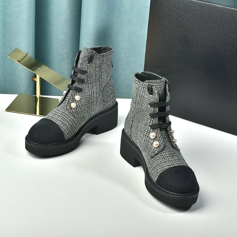 Fashion Designer Ankie Boots Knitted Stretch Black Plaid with Pearl Elegant Women's Short Boot Design Casual Shoes