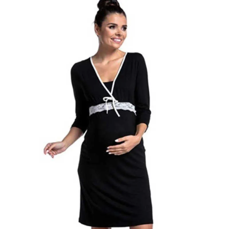 Maternité dentelle profonde col en V allaitement chemise de nuit maternité mode vêtements de nuit robe d'été femmes enceintes robe d'allaitement Q0713