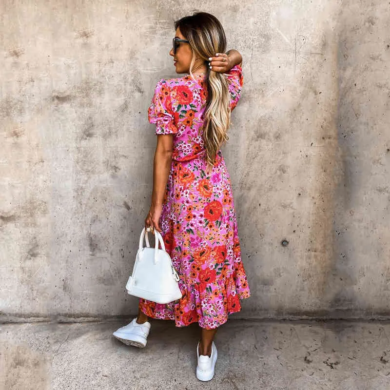 Women Dress Summer Arrival Flower Short Sleeve Chiffon Boho Sweet Girl Midi Dresses Elegant Korean Style Wholesale 210525