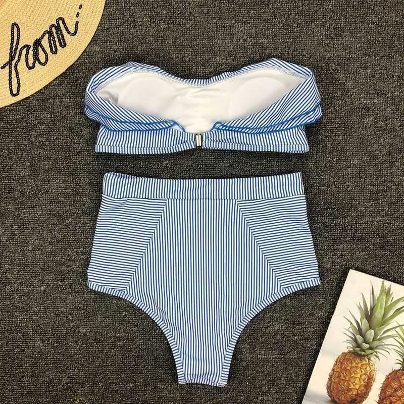 Sexy Hohe Taille Bikini Badeanzug Frauen Rüschen Bademode Gestreiften Set Off Schulter Bandeau Badeanzug Sommer Beachwear 210702