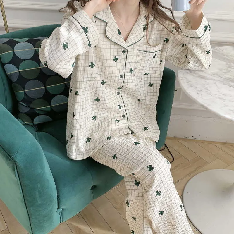 여성 빈티지 격자 무늬 패션 봄 부드러운 캐주얼 고품질 한국어 루시 느슨한 잠옷 잠옷 세트 210525