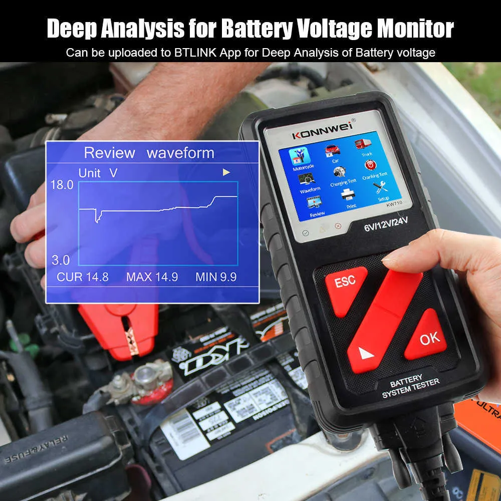 Konnwei Ferramentas Diagnósticas KW710 Motocicleta Truck Truck Battery Tester 6V 12V 24V Bateria Analisador de Bateria 2000 CCA Carregando Ferramentas de Teste de Cranking para o carro