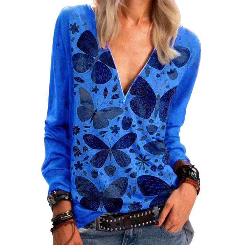 Plus Größe Frauen T-shirt Frühling Herbst Casual V-ausschnitt Zipper Langarm Lose Shirt Damen Pullover 210526