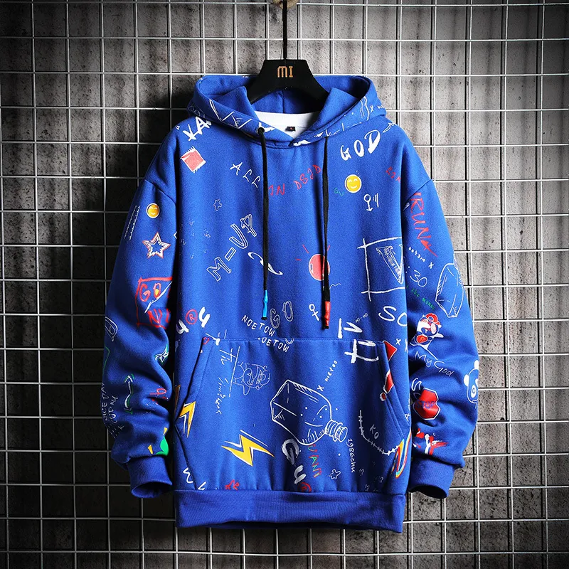 Printemps Hommes Anime Graffiti Sweatshirt Mâle Hip Hop Harajuku Japonais Streetwear Jaune Sweat À Capuche Hommes Vêtements M-5XL 201201