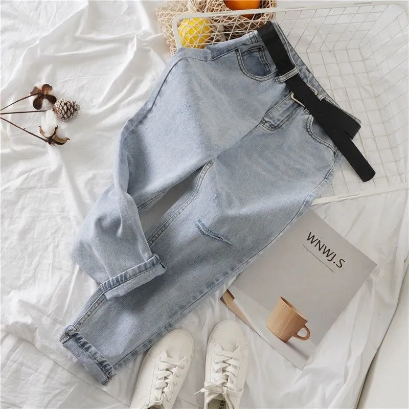 Light Blue Ripped Jeans Women Spring Summer Korean Flabby Pants Female Casual Radish Trousers Denim Harlem Pants With Belt 210311