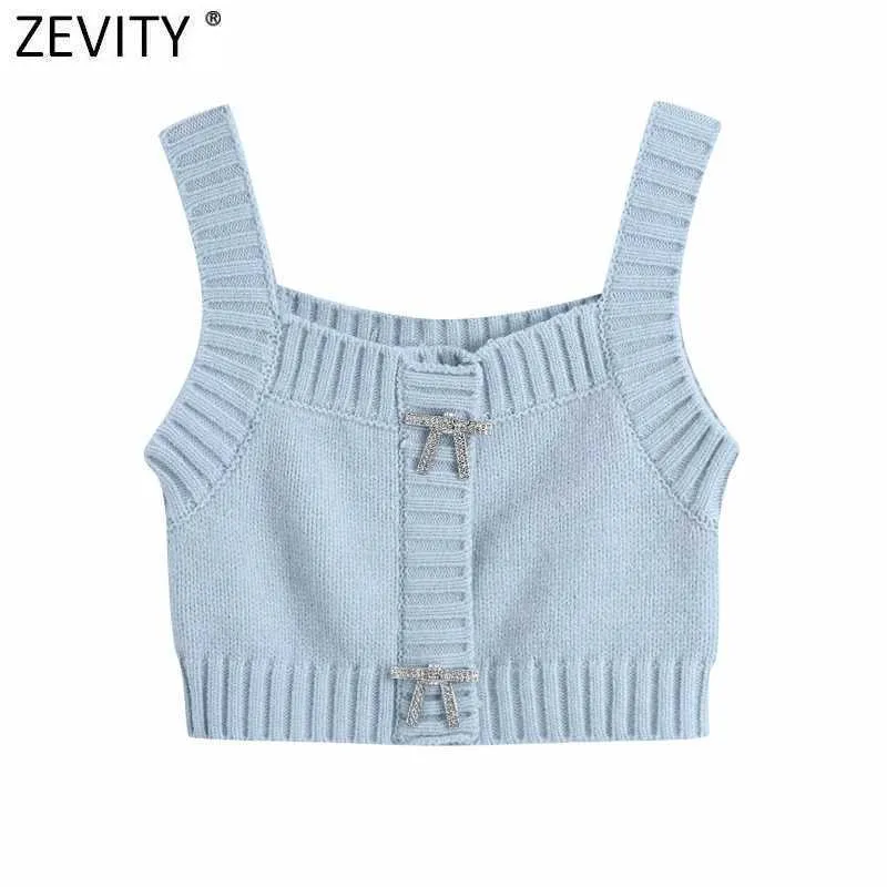 Zevity Frauen Mode Einfarbig Diamant Bogen Stricken Sling Pullover Weibliche Grundlegende Spaghetti Strap Kurze Weste Chic Crop Tops S655 210603