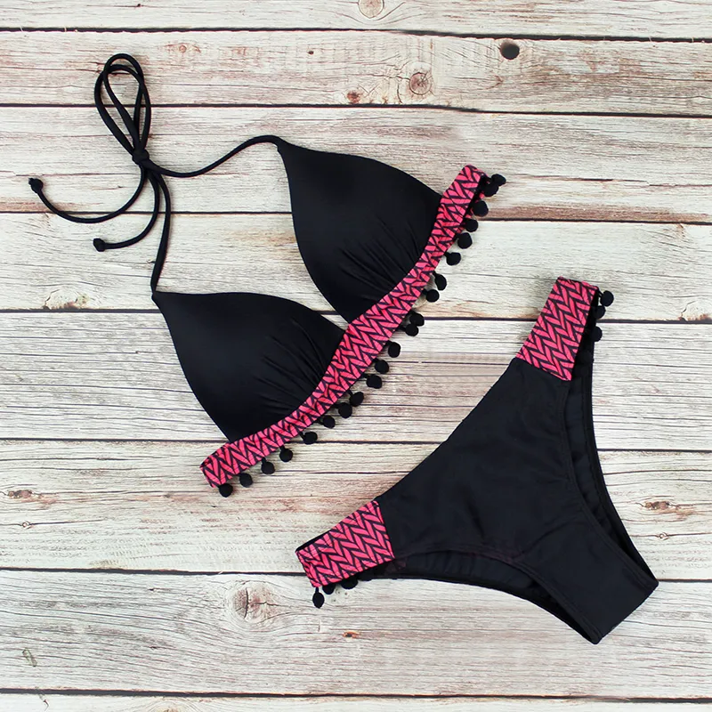 Push Up Bikini 2021 Nowe stroje kąpielowe Kobiety Tassel Black Ball Leopard plus size kąpiel kąpielowy Sumping Summer Biquini Letni