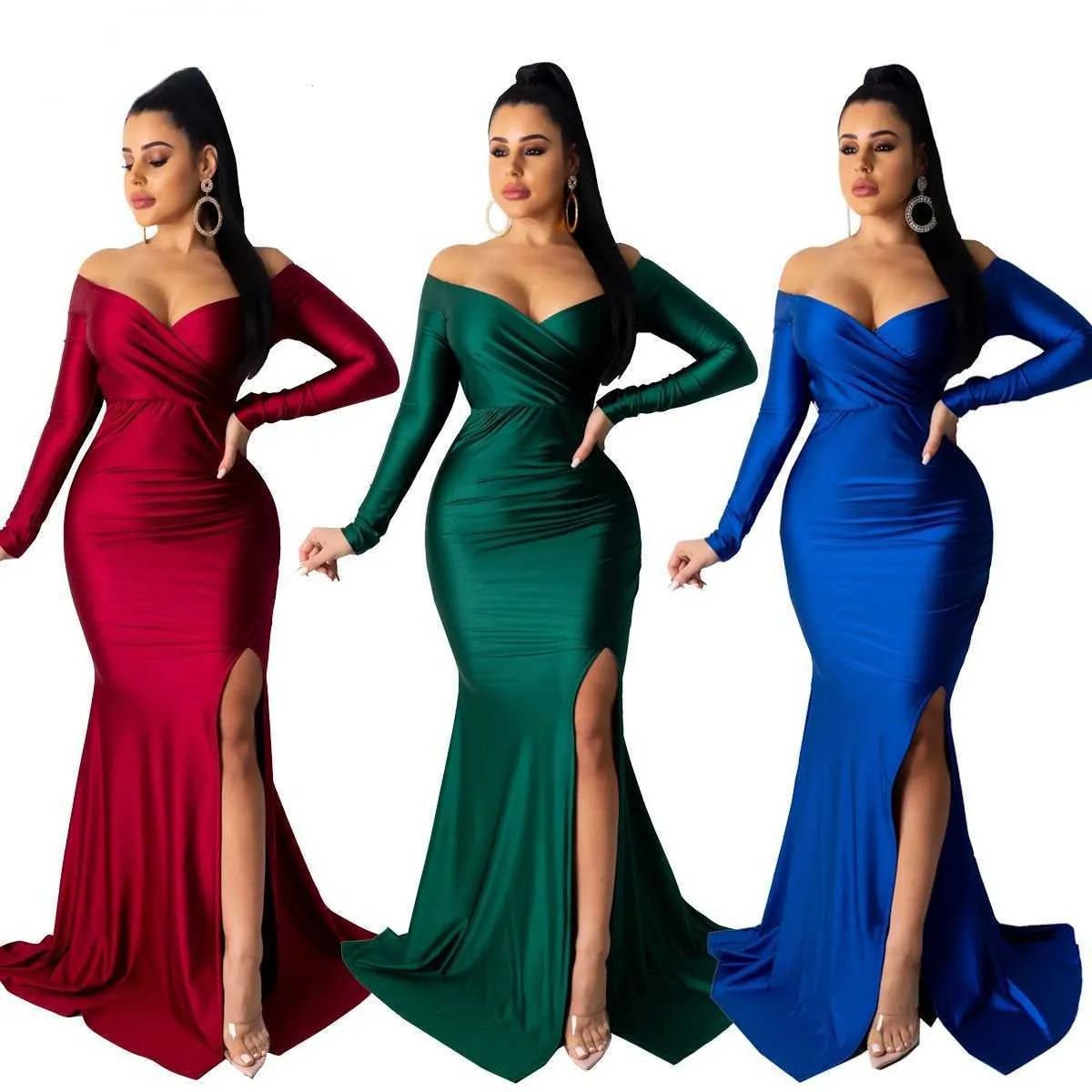 Autumn Winter Women Sexy Night Party Club Long Dresses Off Shoulder Plunging V-neck High Side Split Mermaid Maxi Dress Y1006