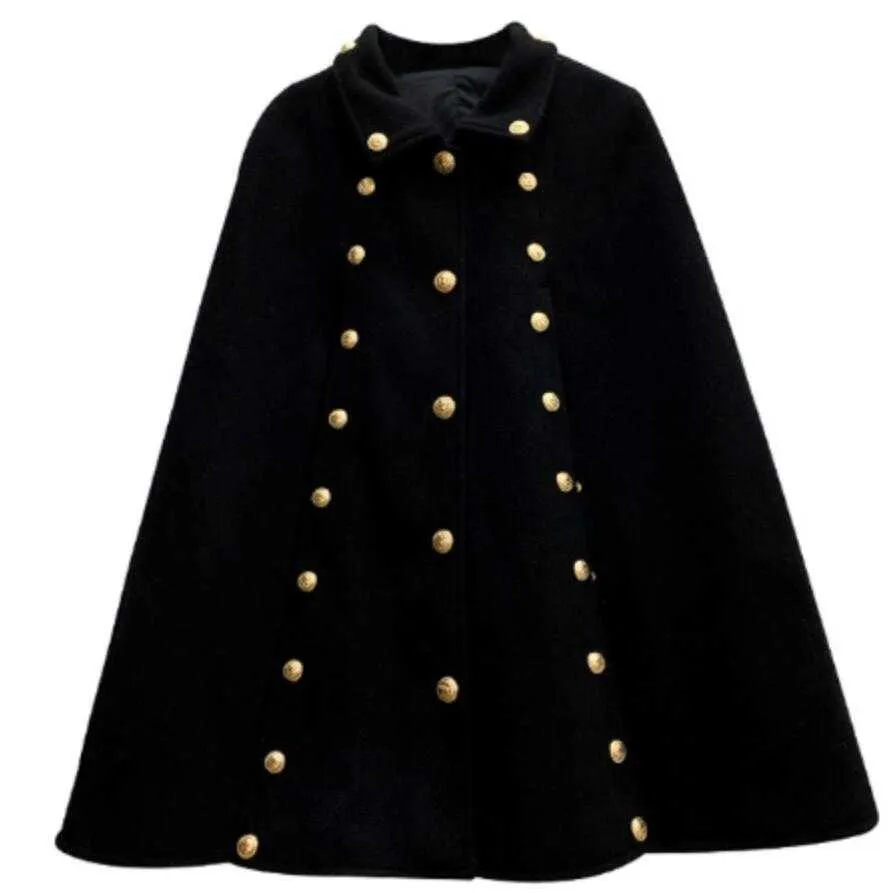 Zwarte cape wollen jas vrouwen herfst winter midden-lengte losse sjaal vintage mantel wollen jas 211018