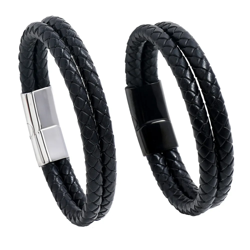 2 pezzi Corda in pelle intrecciata Avvolgimento Stile speciale Classica fibbia multistrato Bracciale in pelle da uomo Regali di Natale da uomo