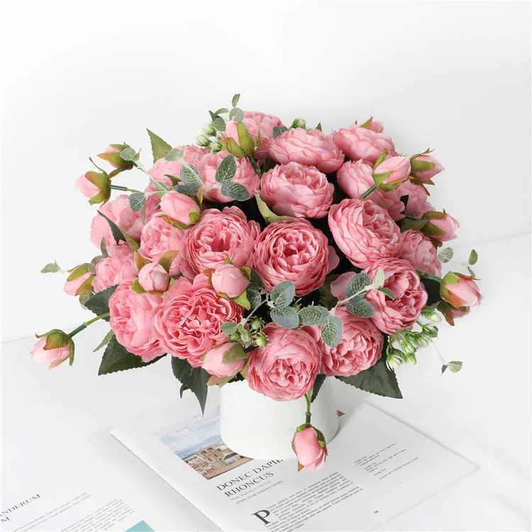1 букет большая голова и 4 бутона дешевые фальшивые цветы для домашнего украшения розово -розовые шелковые пиони искусственные цветы y0630332t