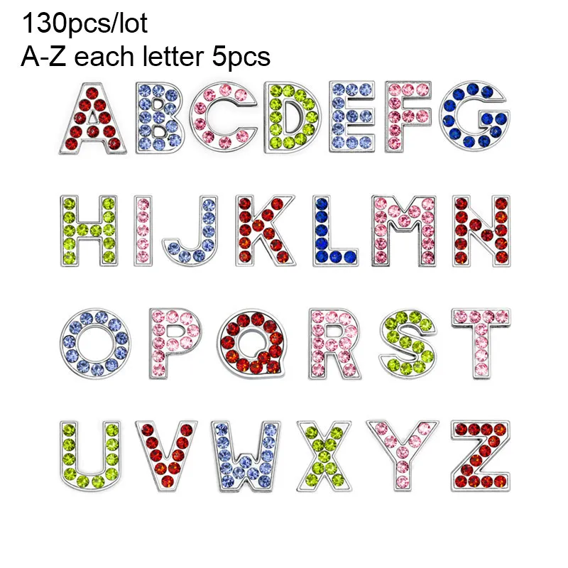 10 مم رسائل إنجليزية أغطية حبة A-Z Color Color Full Rhinestone Slide Charms DIY ملحق FIT PET CORMRISTBAND BEAKEAIN282B