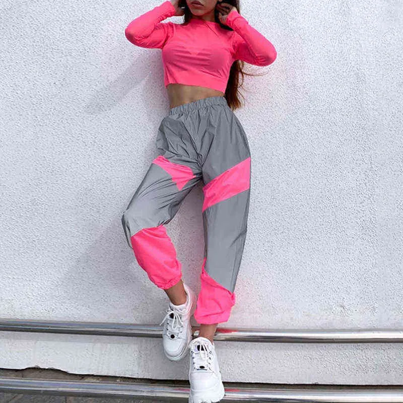 OMSJ Herfst Winter Losse Hight Taille Flash Reflecterende Patchwork Jogger Broek Vrouwen Neon Streetwear Outfits Cargo Broek 211115