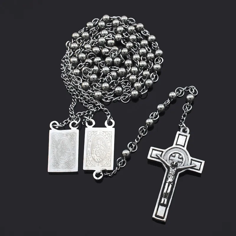 Atgo rosário contas jesus cruz religioso colar de aço inoxidável das mulheres dos homens corrente para homem brn18250n