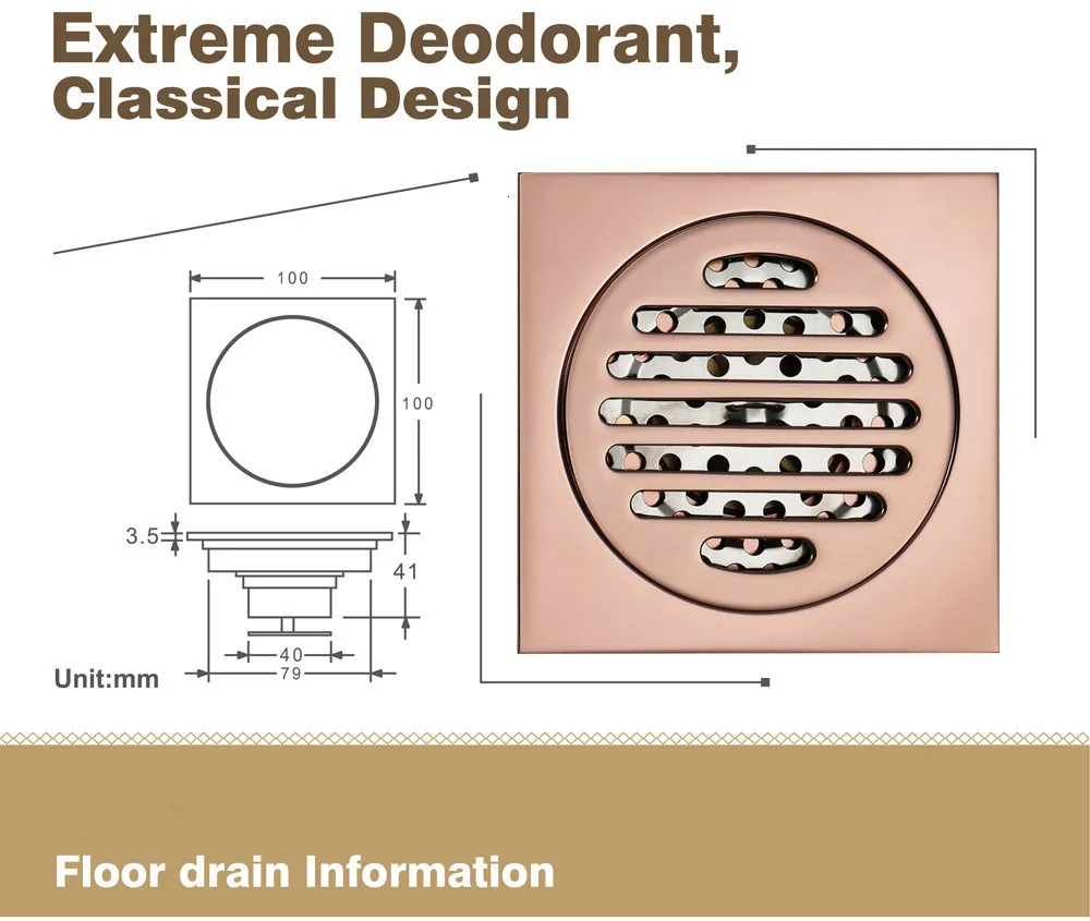2021ニュードレインローズゴールドブラスシャワーバスルーム消臭剤ユーロスクエアフロアドレンストレーナーカバーグレート廃棄物rkp2224y6109375