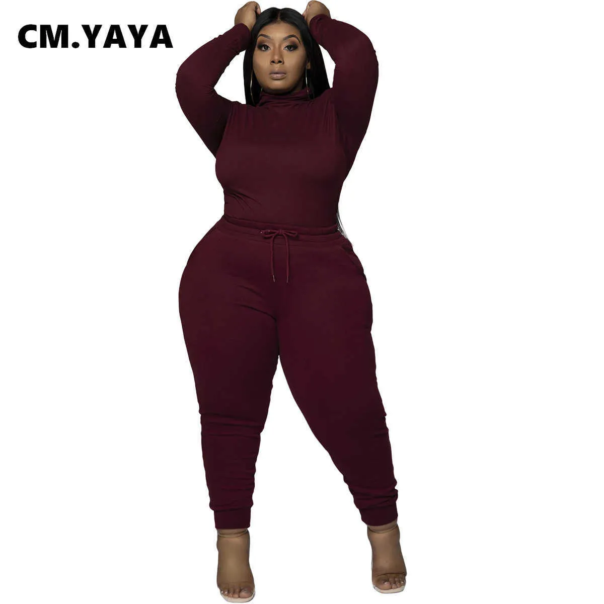 CM.YAYA Active Plus Size L-5XL Ensemble pour femmes Col roulé Tee Tops Jogger Pantalon Ensemble assorti Survêtement Fitness Ensemble deux pièces Outfit Y0625