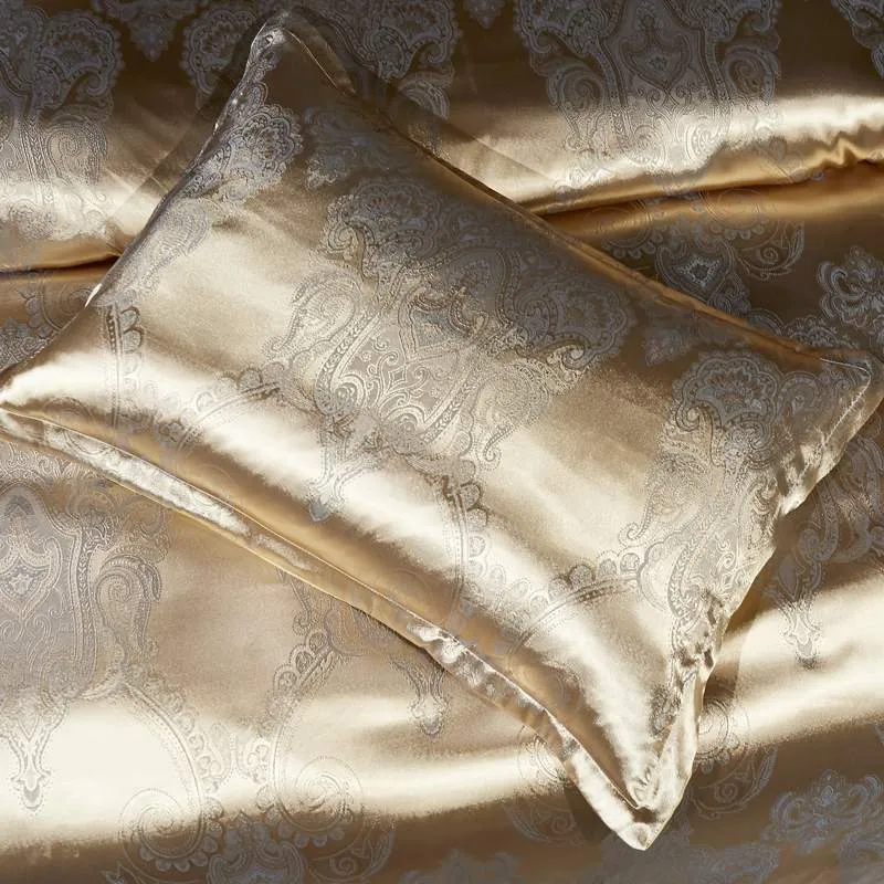 Dropshipping Wedding Luksusowa Pościel Zestawy Jacquard Duvet Cover Set ślubne Bedclothes Gold 2 / 3szt BedChe Queen King 210317