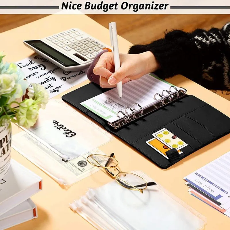 Cadeau Wrap A6 PU Cuir Notebook Binder Budget 6 Ring Cash Budget Enveloppes Système 12 pièces Feuilles de dépenses 226F