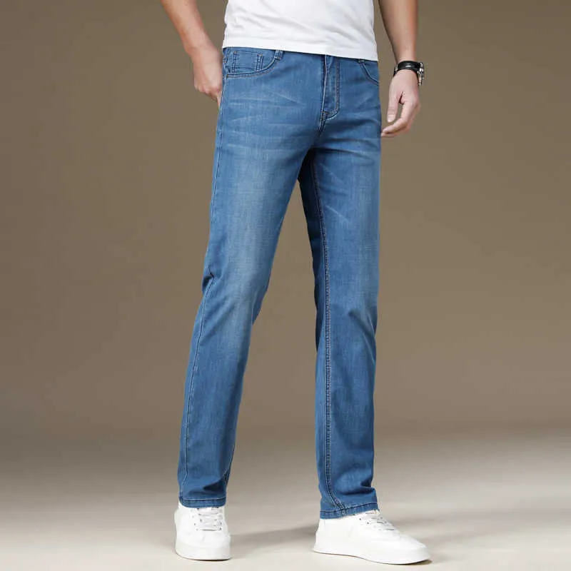 SHAN BAO Lightweight Straight Slim Jeans Summer Classic Style Business Casual Men's Brand Thin soft Stretch Denim Jeans 210531