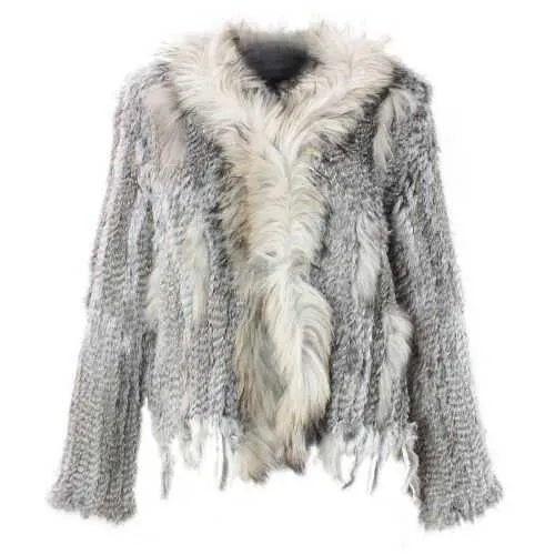 Gilet de fourrure de lapin tricoté naturel avec col de raton laveur manteau de fourrure à manches longues avec gland personnalisé pardessus grande taille 211018