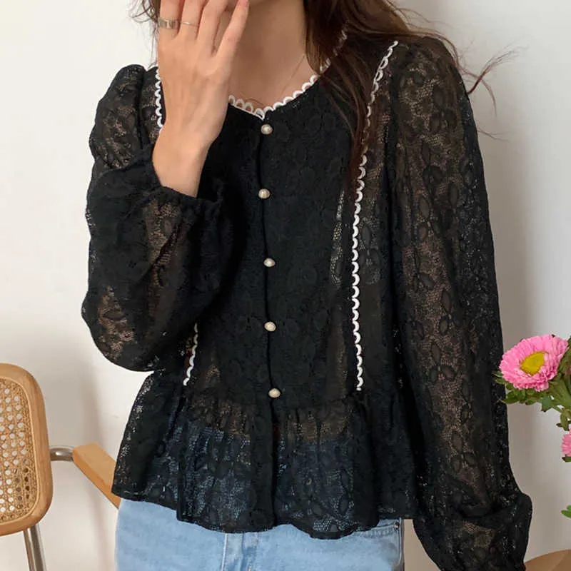 Korejpaa Dames Shirt Zomer Korea Chic Frans Stijl Ronde hals Kant Crochet Design Single-Breasted Losse Puff Sleeve Blouse 210526