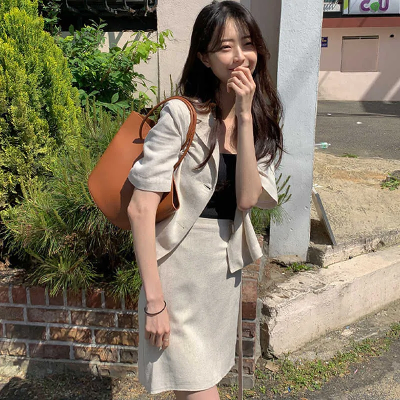 Korejpaa mulheres definir verão coreano temperamento simples terno colar dois botão de mangas curtas jaqueta lateral laço laço 210526